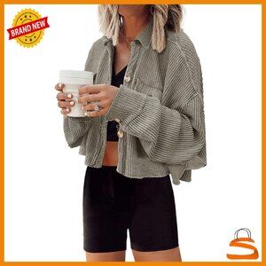 Cropped Waffle Knit Shacket, Oversized Batwing Sleeves, Button Down Jacket